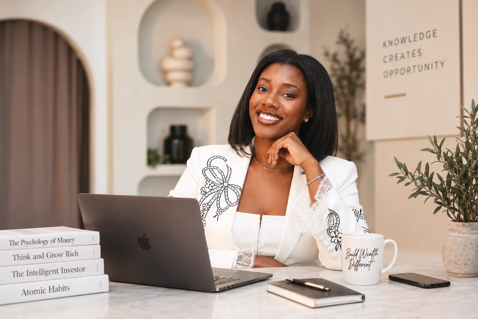 A woman in a white suit seated at a desk with books and a laptop.